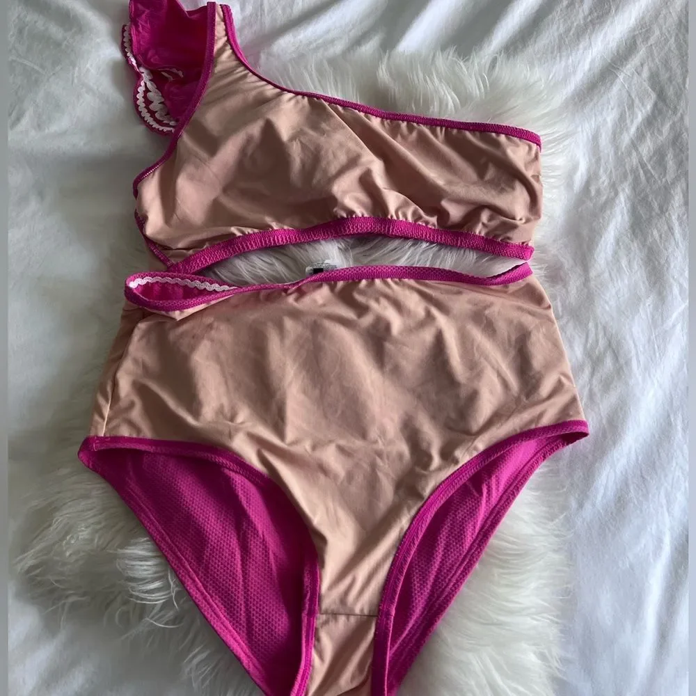 J. Crew Hot Pink One-Shoulder Ruffle Bikini Set - Picture 2 of 4